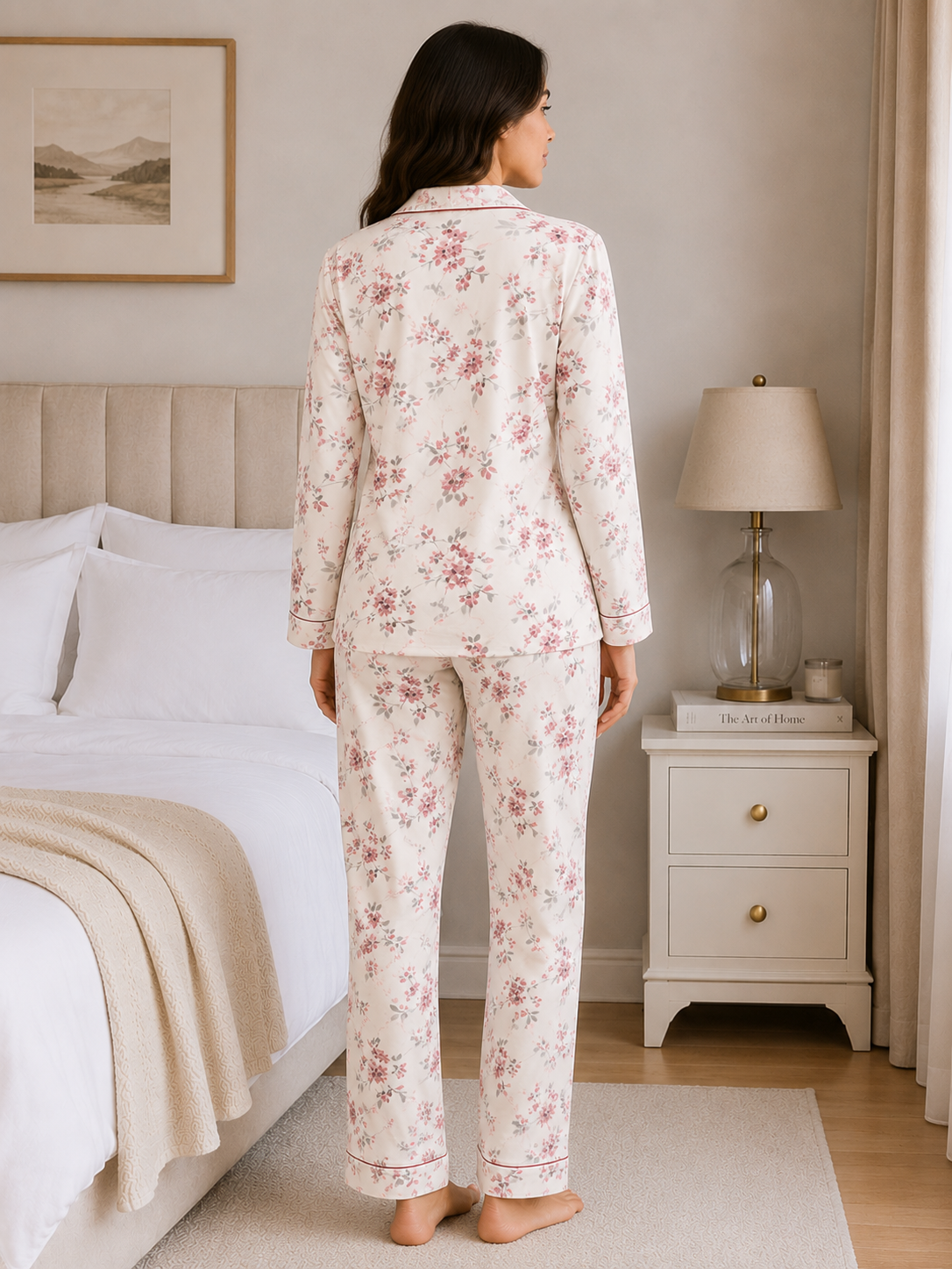 Luxury Floral Cotton Pajama Set for Women – Soft Button-Up Sleepwear (White Blossom)