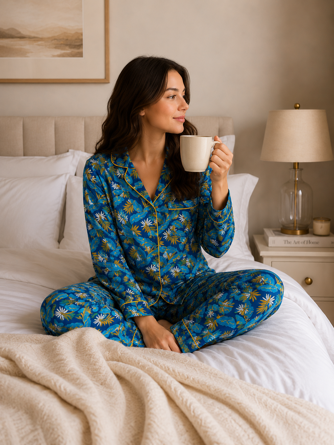 Premium Tropical Print Cotton Jersey Pajama Set for Women – Blue Floral Night Suit