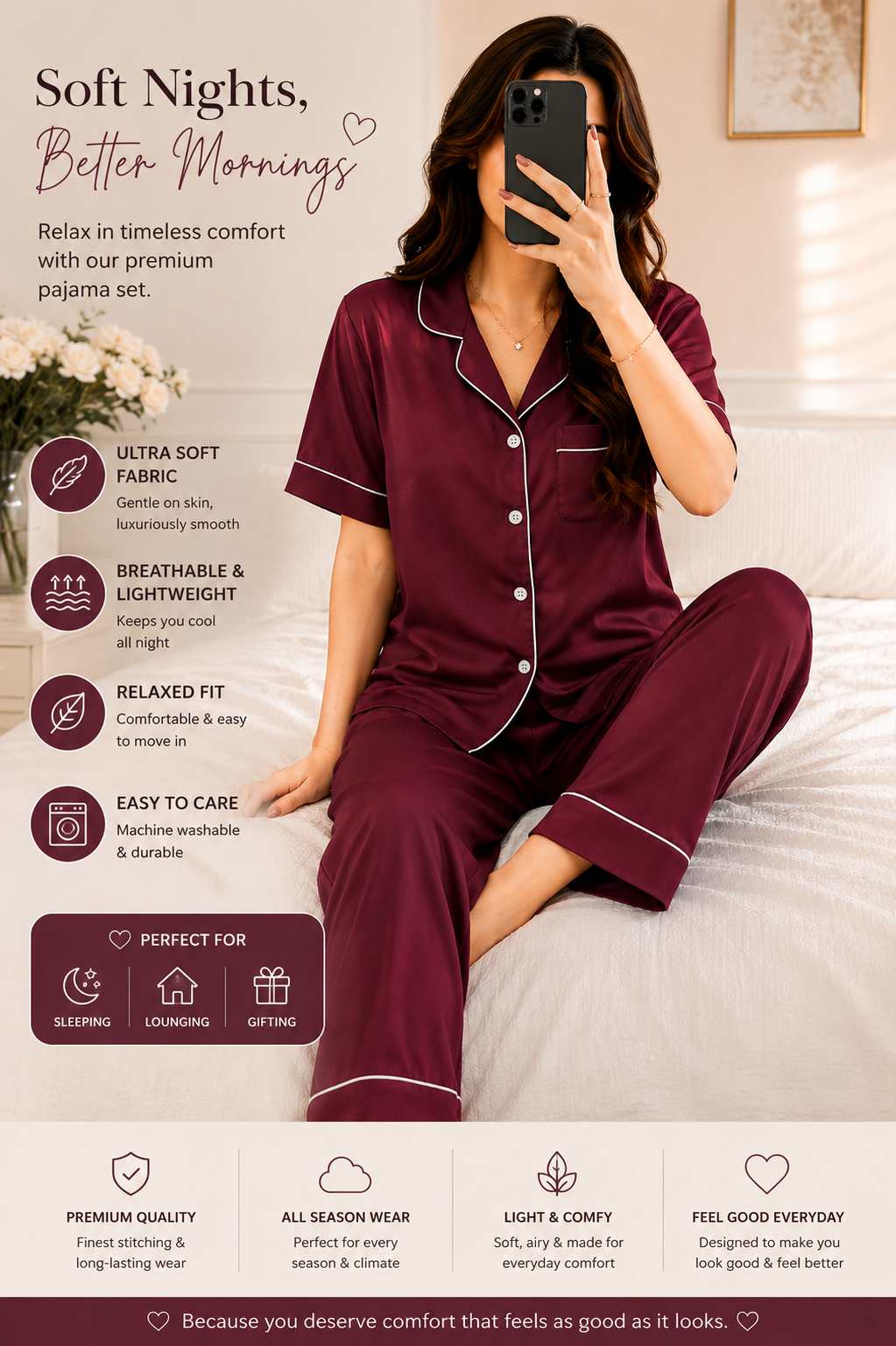 Midnight Wine Satin Pajama Set – Luxury Nightwear for Women
