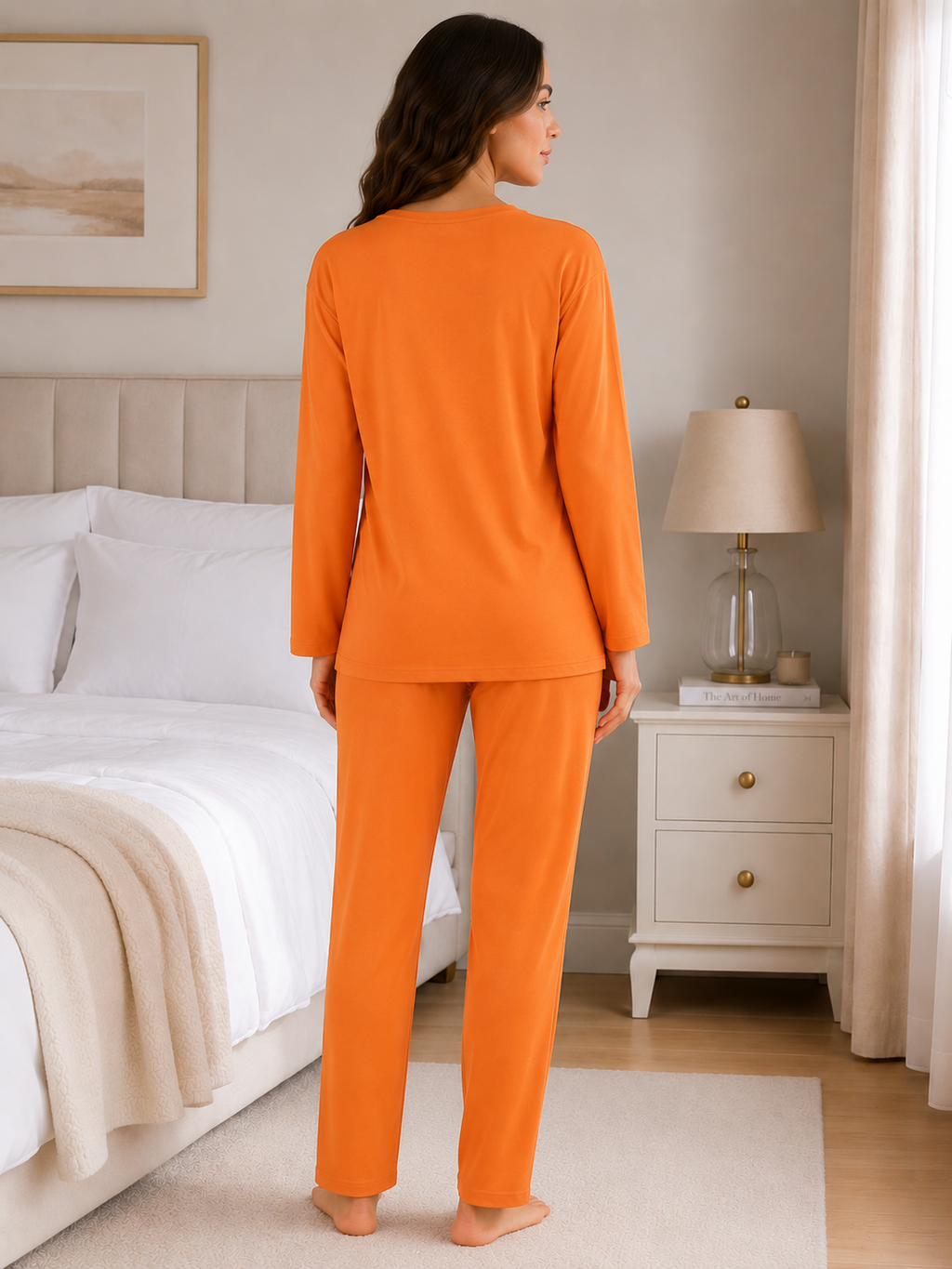 Women's Orange Cotton Jersey Long Sleeve Pajama Set