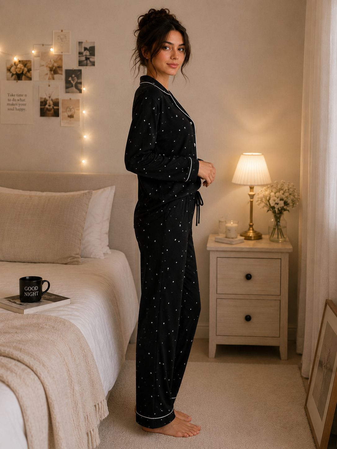Luxury Star Print Pajama Set for Women – Black Soft Lounge Sleepwear