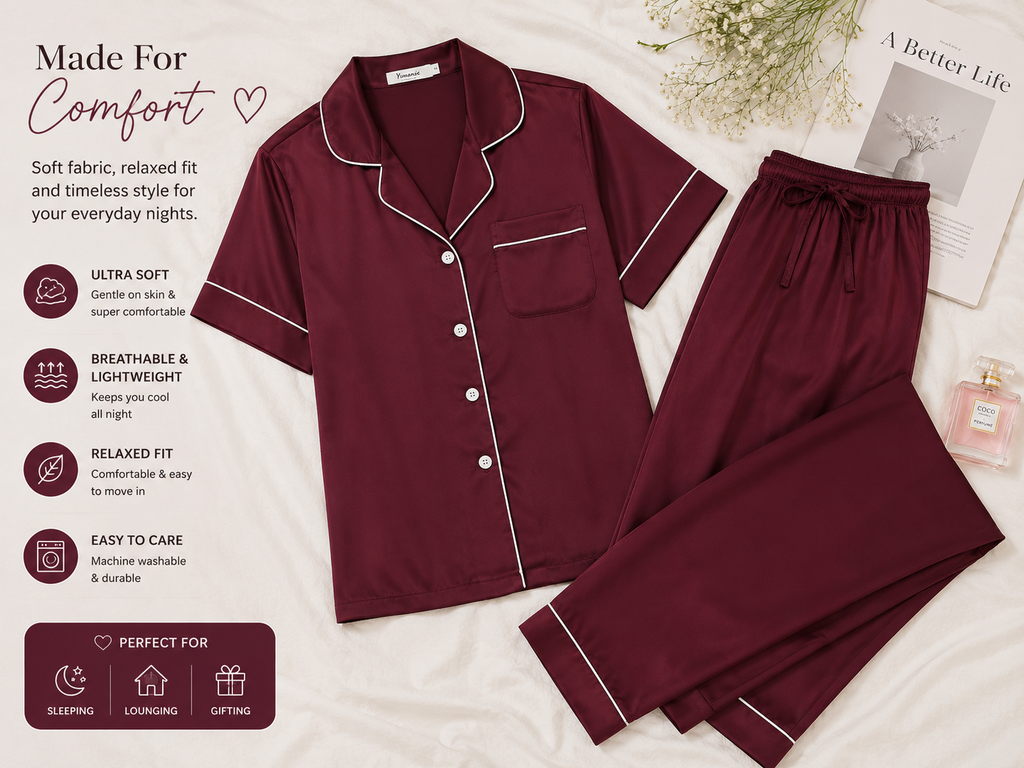 Midnight Wine Satin Pajama Set – Luxury Nightwear for Women