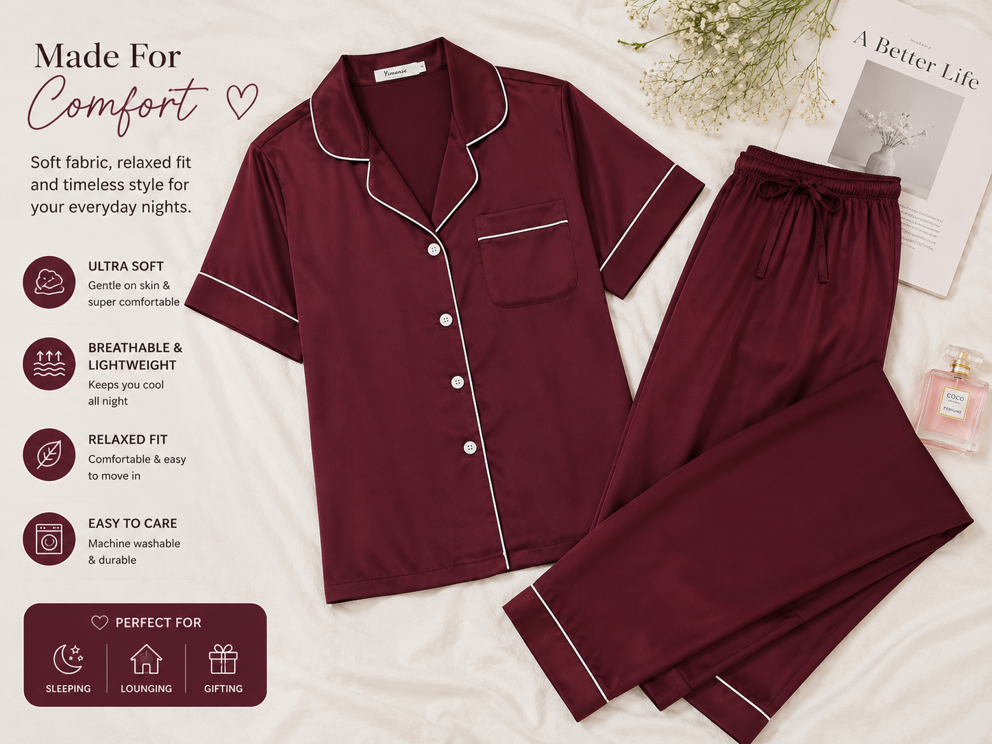Midnight Wine Satin Pajama Set – Luxury Nightwear for Women