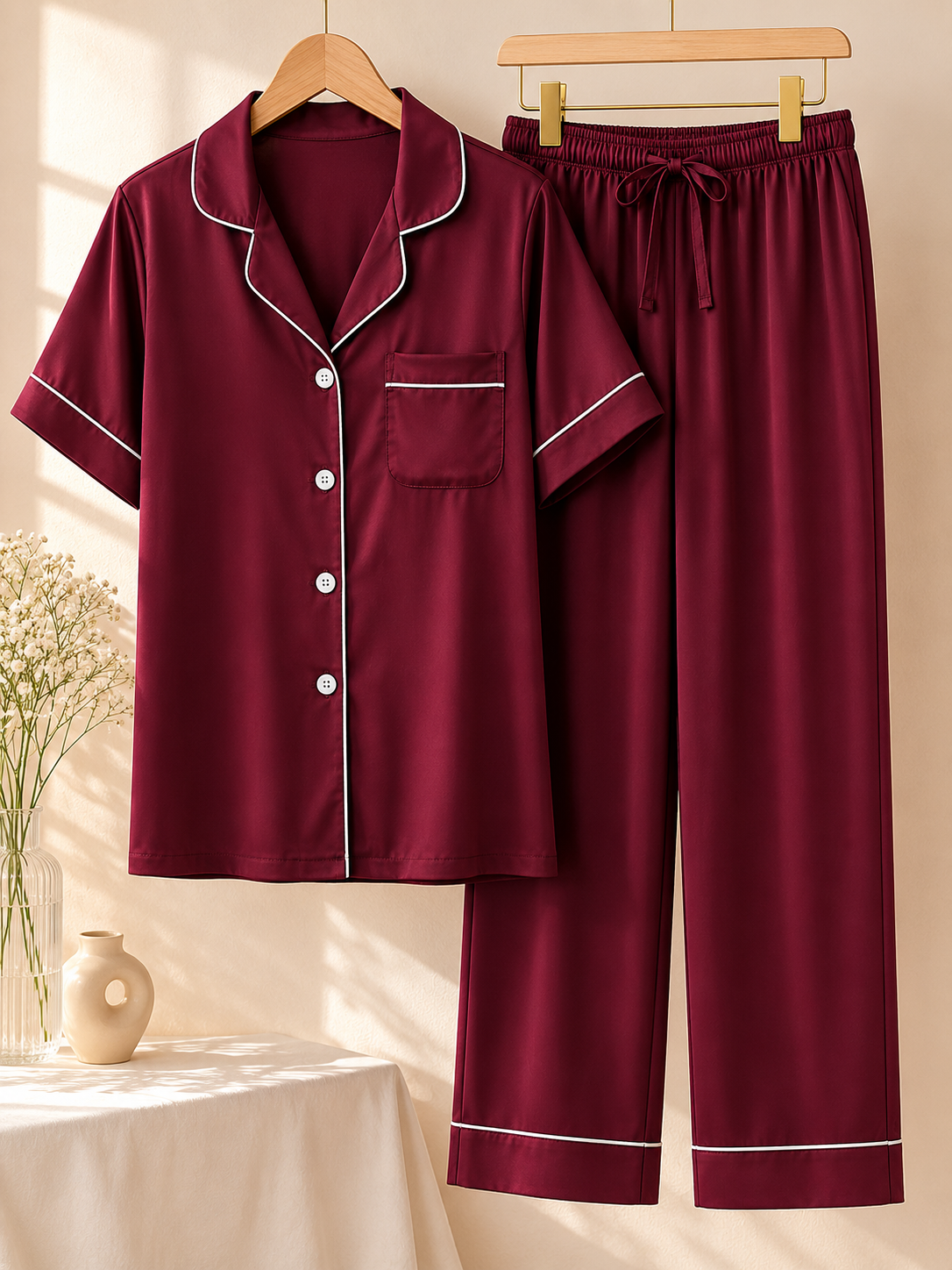 Midnight Wine Satin Pajama Set – Luxury Nightwear for Women