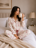 Luxury Floral Cotton Pajama Set for Women – Soft Button-Up Sleepwear (White Blossom)