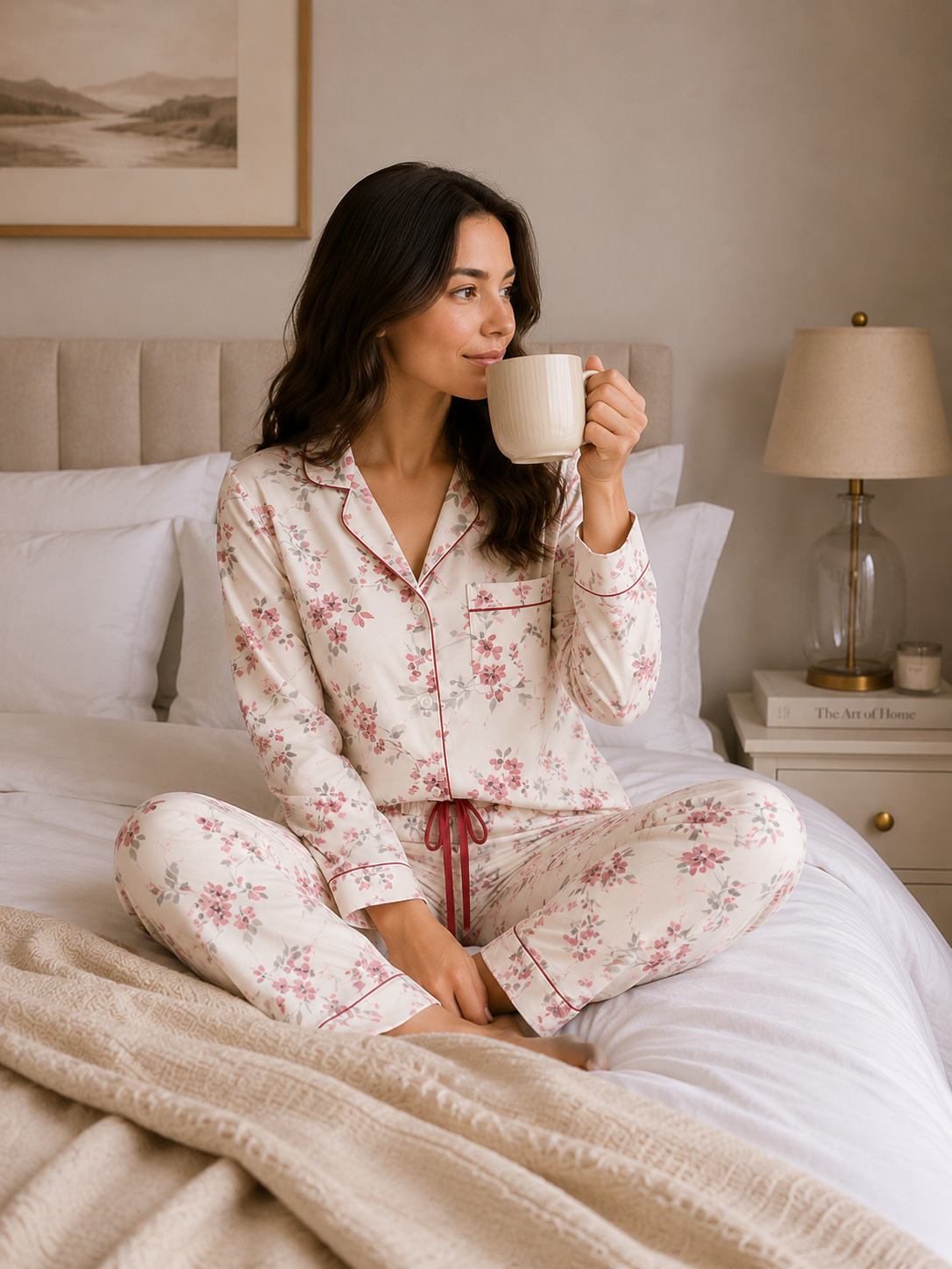 Luxury Floral Cotton Pajama Set for Women – Soft Button-Up Sleepwear (White Blossom)