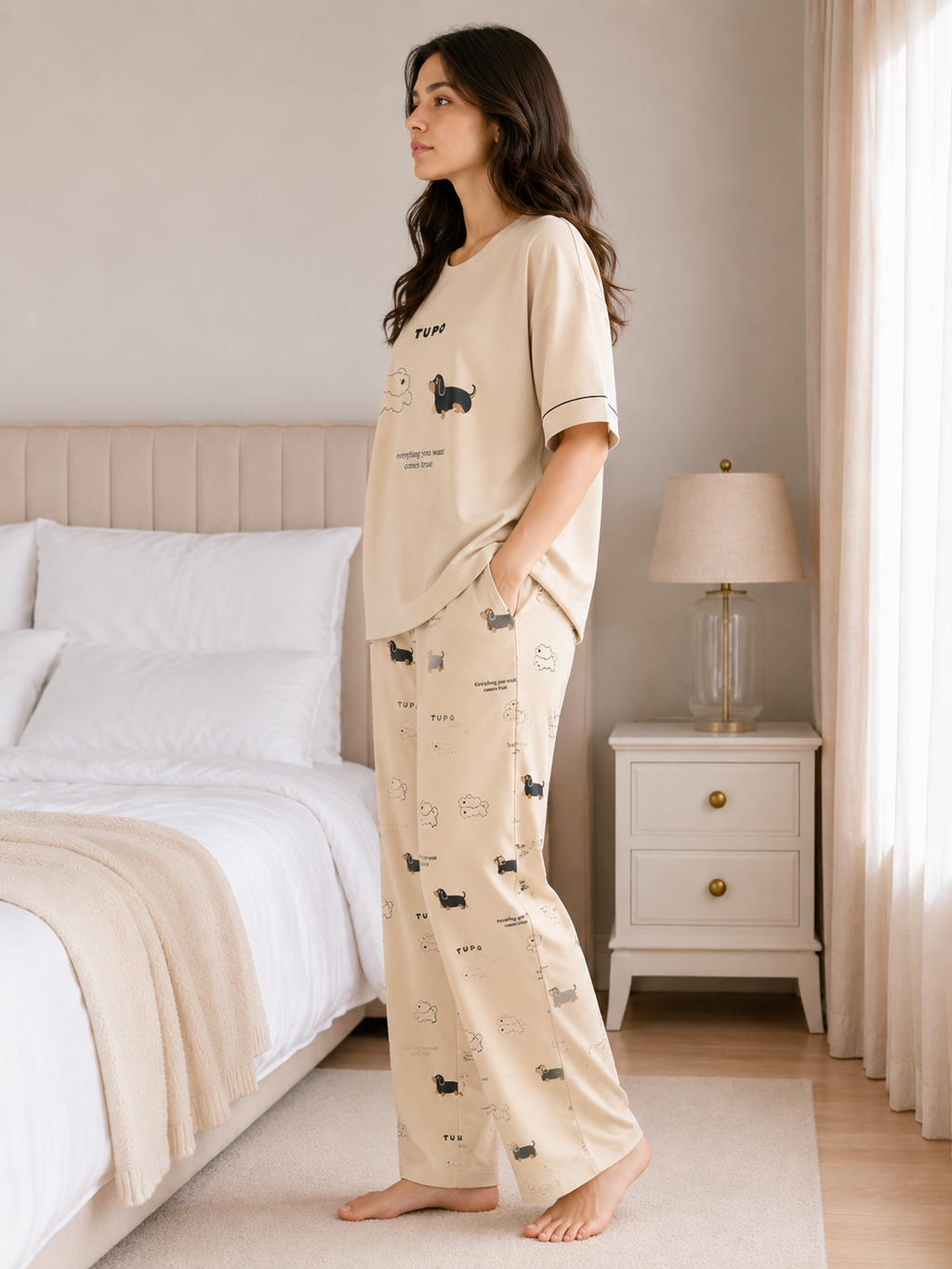 Women’s Cute Dog Print Cotton Pajama Set – Soft Summer Nightwear Lounge Set (Cream Beige)