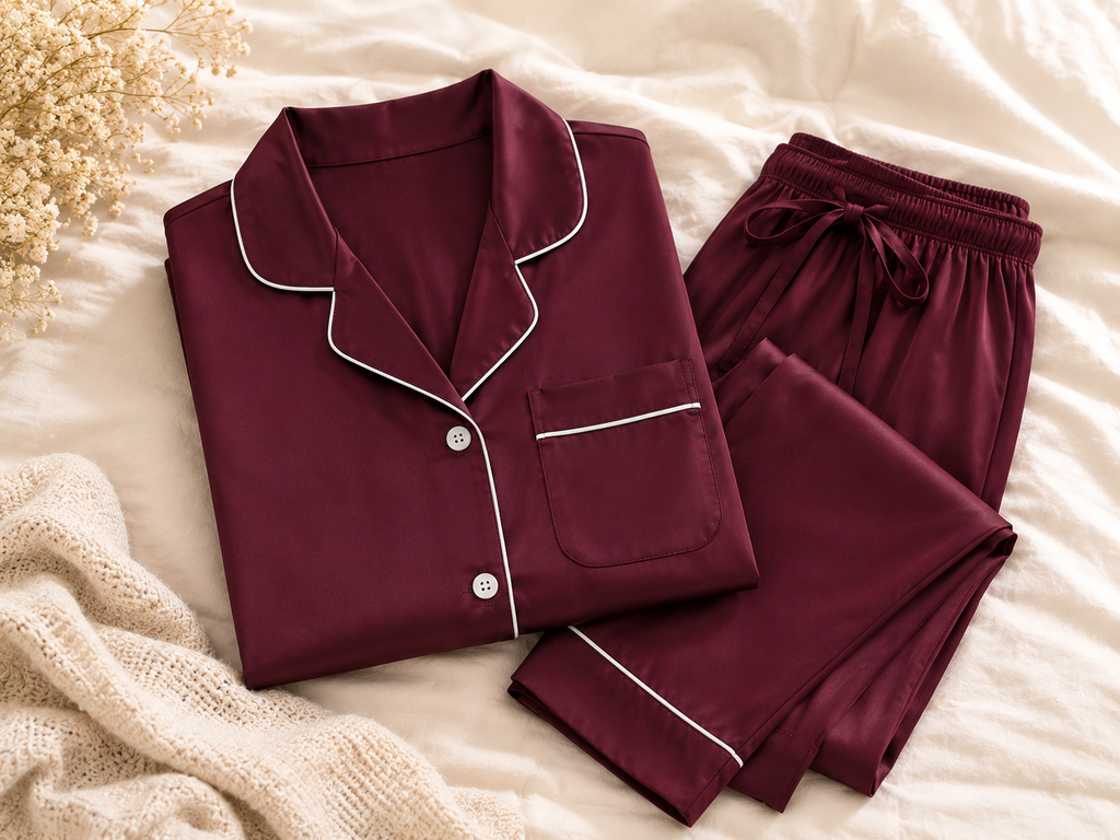 Midnight Wine Satin Pajama Set – Luxury Nightwear for Women