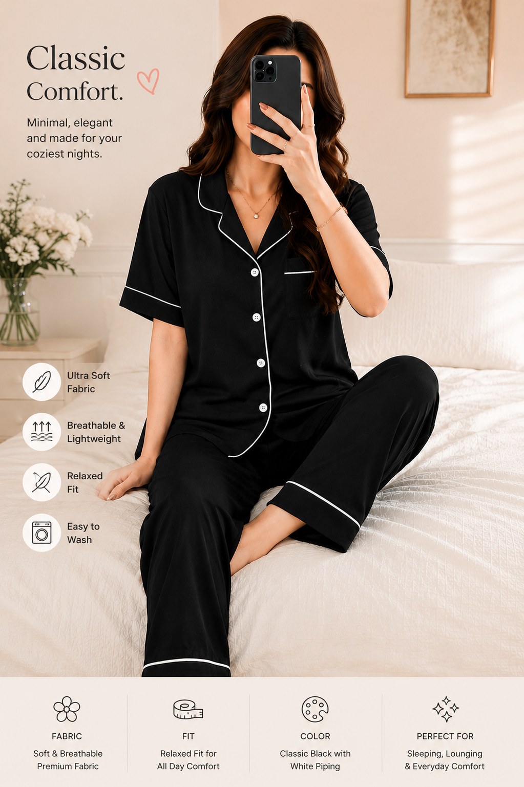 Classic Black Pajama Set – Soft Luxe Nightwear for Women