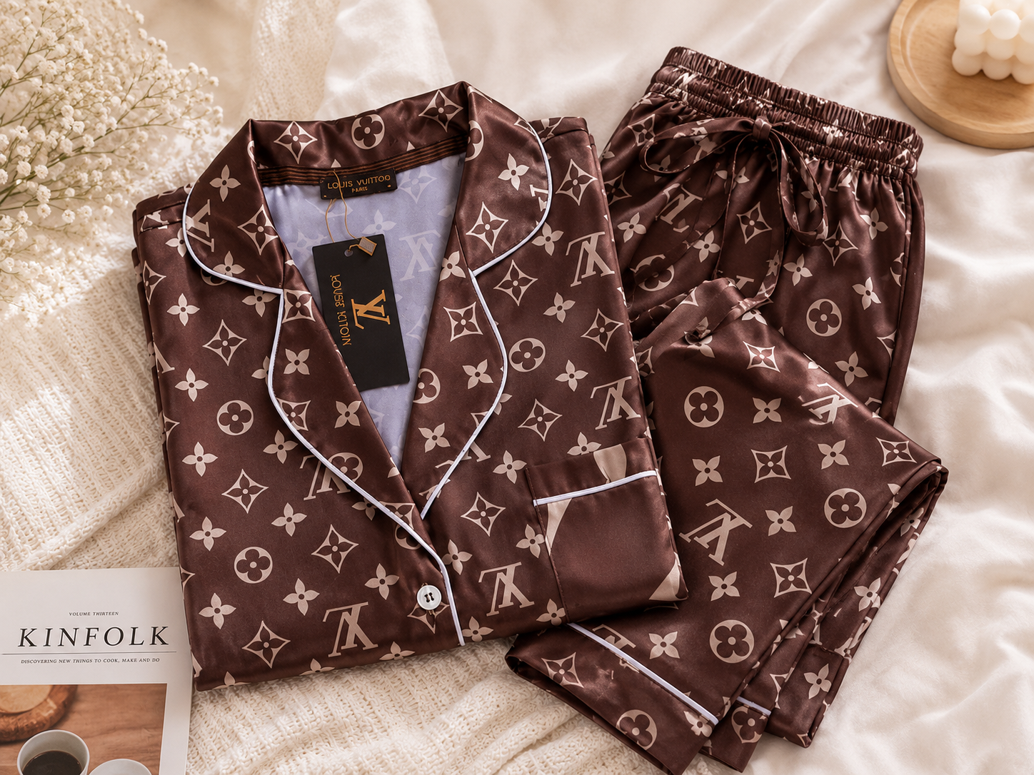 Mocha Monogram Satin Pajama Set – Luxury Inspired Nightwear for Women
