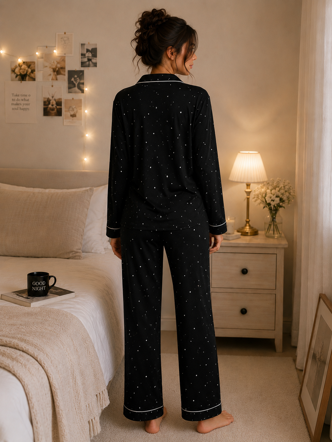 Luxury Star Print Pajama Set for Women – Black Soft Lounge Sleepwear