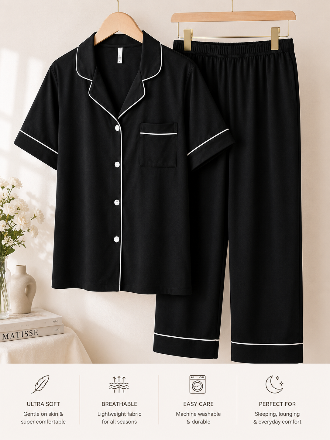 Classic Black Pajama Set – Soft Luxe Nightwear for Women