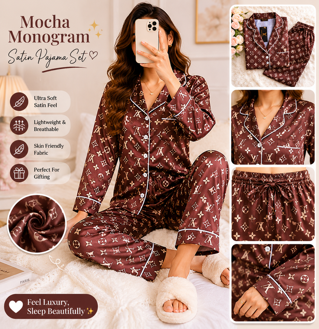 Mocha Monogram Satin Pajama Set – Luxury Inspired Nightwear for Women