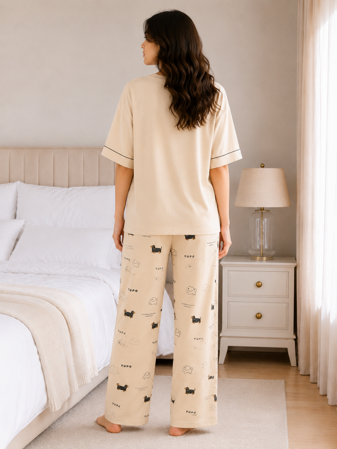 Women’s Cute Dog Print Cotton Pajama Set – Soft Summer Nightwear Lounge Set (Cream Beige)