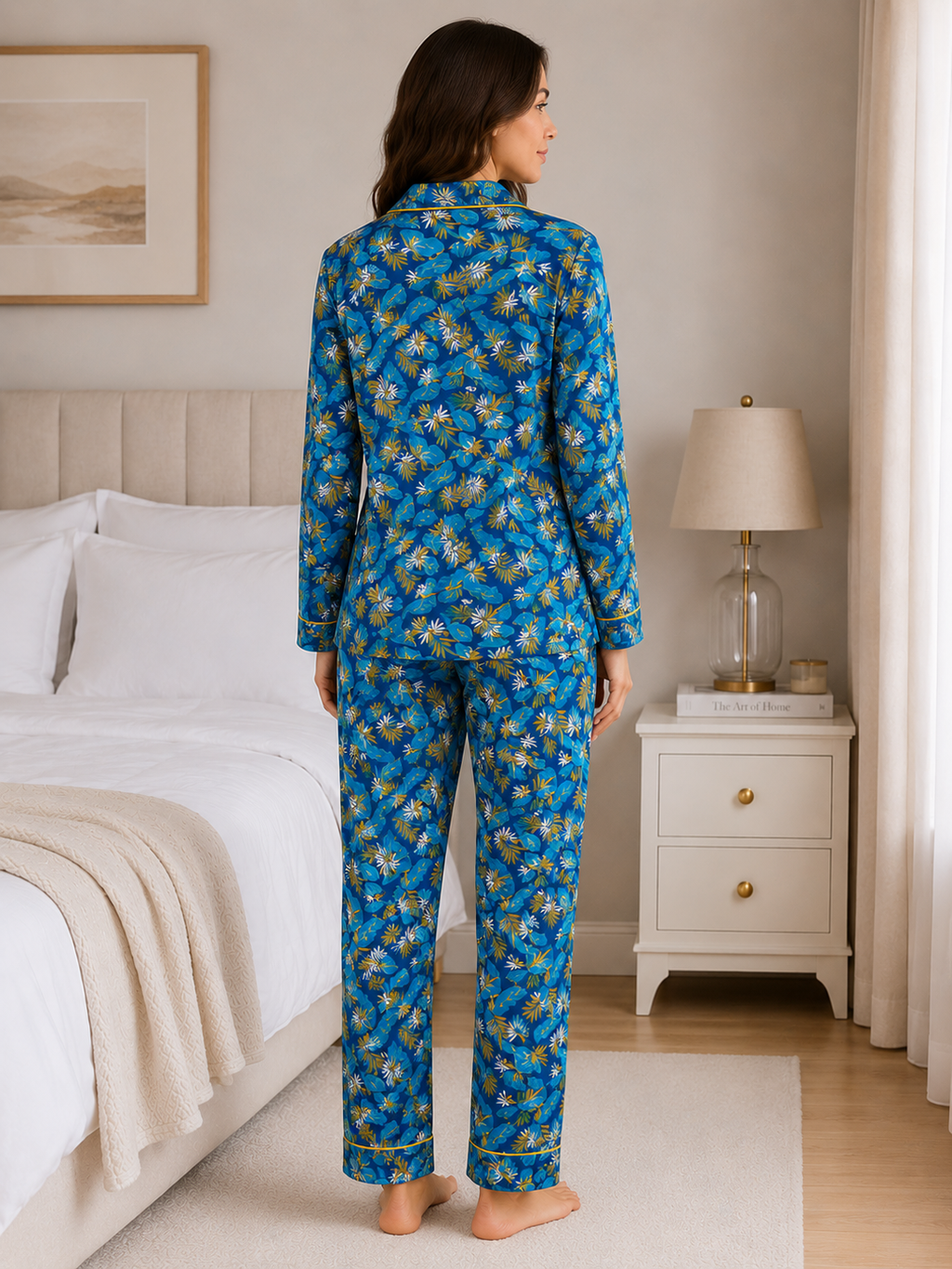 Premium Tropical Print Cotton Jersey Pajama Set for Women – Blue Floral Night Suit