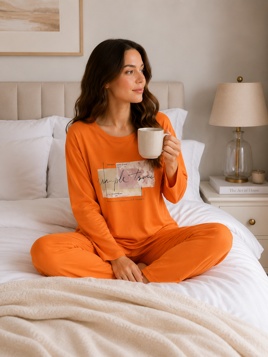 Women's Orange Cotton Jersey Long Sleeve Pajama Set