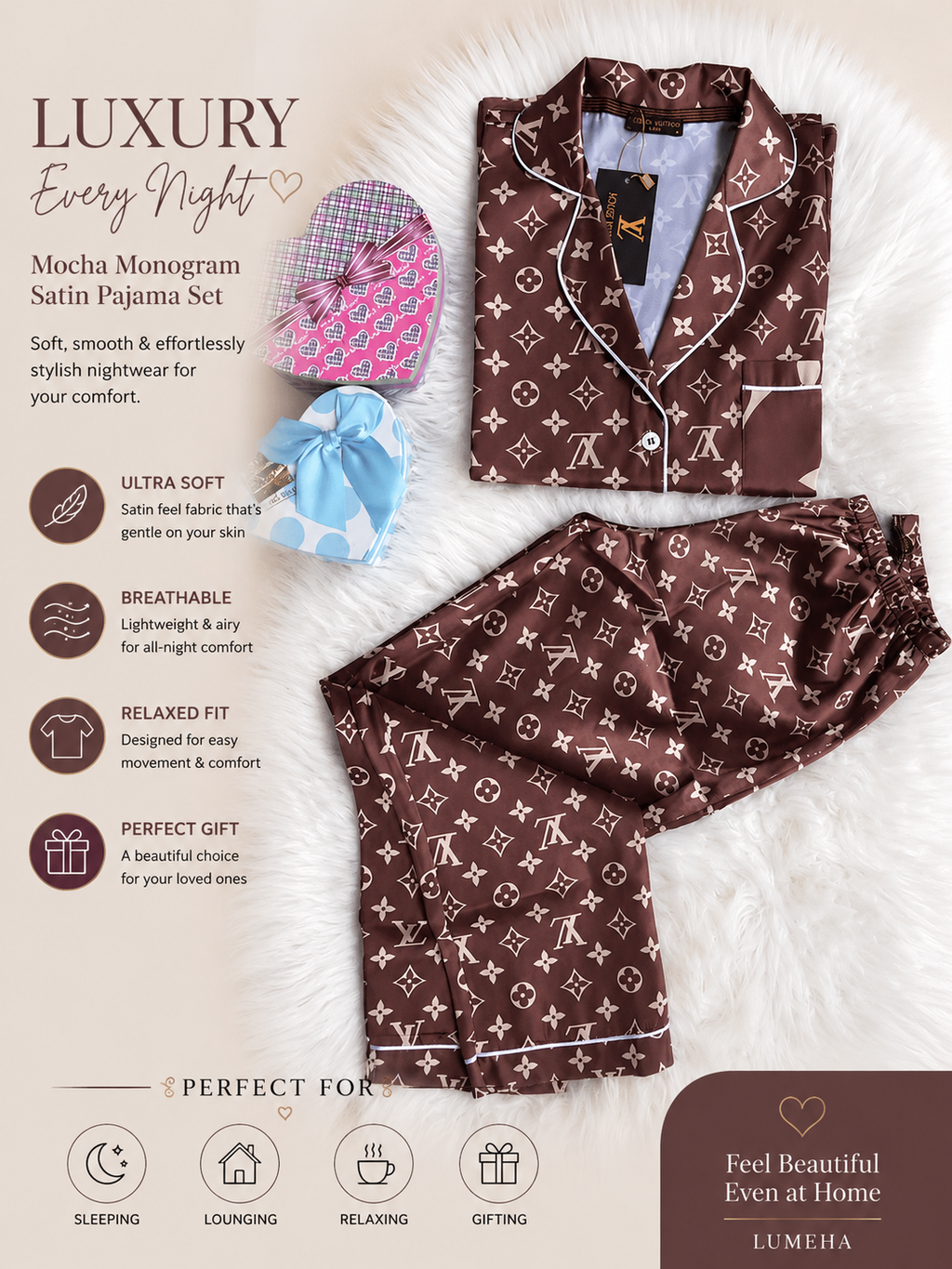 Mocha Monogram Satin Pajama Set – Luxury Inspired Nightwear for Women